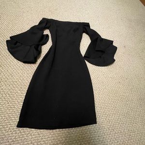 off the shoulder teeze me black dress (sort of tight) with float sleeves